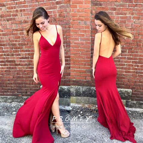 Backless Red Jersey Simple And Sexy Deep V Neck Side Slit Long Prom Dress
