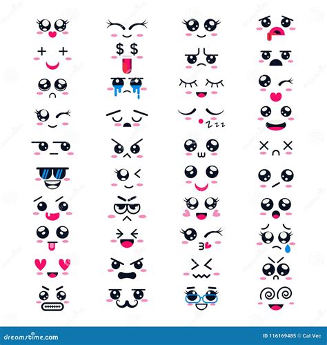 Kawaii Vector Cartoon Emoticon Character With Different Emotions And