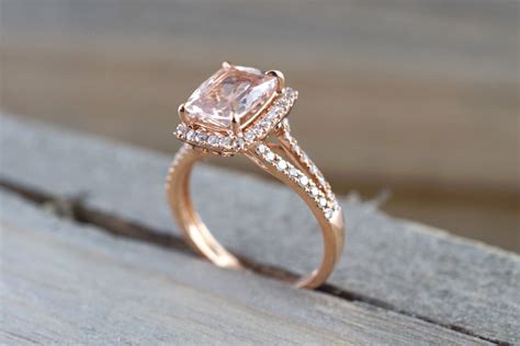 14k Rose Gold 9x7mm Cushion Morganite Diamond Halo Engagement Ring Spl