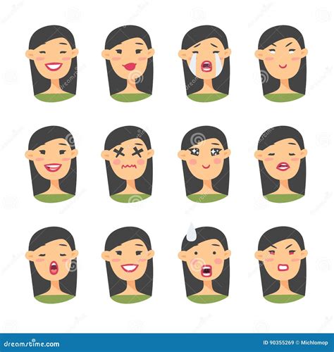 Set Of Asian Emoji Character Cartoon Style Emotion Icons Isolated