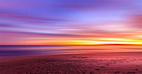 Sunset Purple Sky Beach Sand Shore Water Ocean Sea Horizon