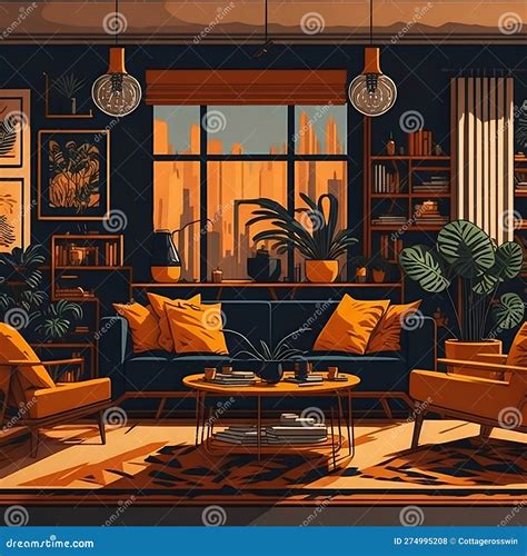 Retro Grade Style Modern Living Room Interior Design In 2d Perspective
