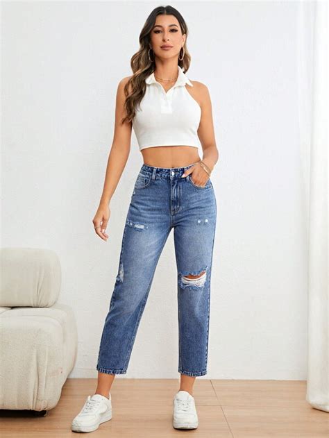 shein essnce ripped mom fit jeans shein usa