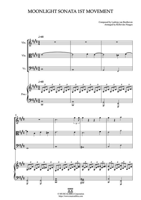 [quartet Sheet Music] Beethoven Moonlight Sonata 1st Movement Violin Viola Cello And Piano