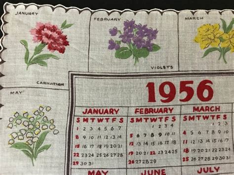 Vintage 1956 Franshaw Calendar Handkerchief Different Gem