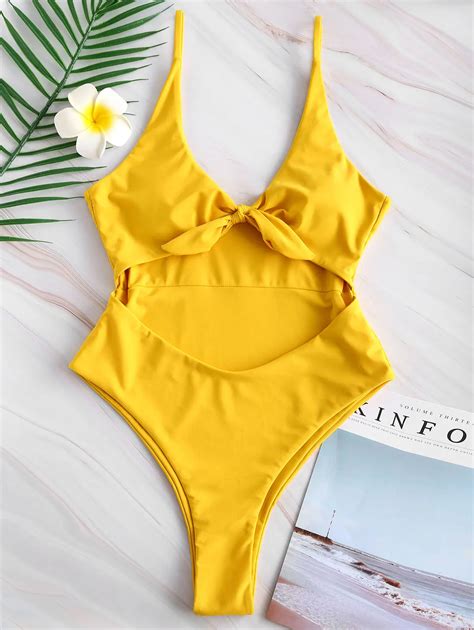 Zaful Knotted Plunging Cut Out One Piece Swimsuit High Waist Swimwear