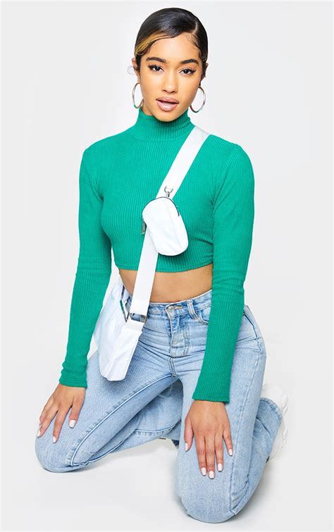 Emerald Brushed Rib High Neck Backless Tie Crop Top Prettylittlething Aus