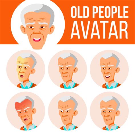 Asian Old Man Avatar Set Vector Face Emotions Senior Person Portrait