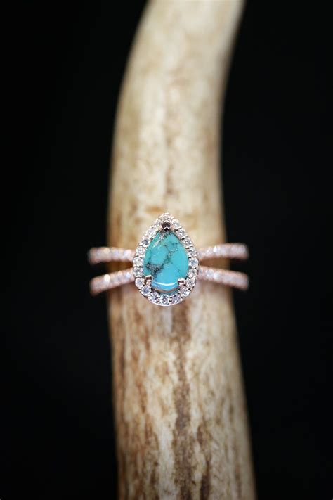 Tear Drop Turquoise Diamond Halo Engagement Ring Set On A K Gold