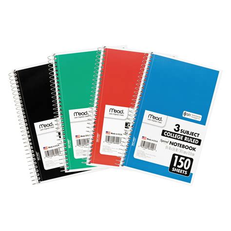 Mead Spiral Notebook 3 Subject College Ruled 150 Sheets Assorted