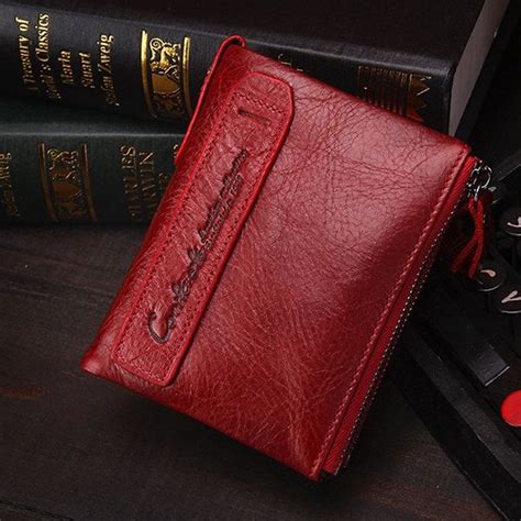 Women Genuine Leather Cowhide Zip Wallet Vintage Bifold With Double