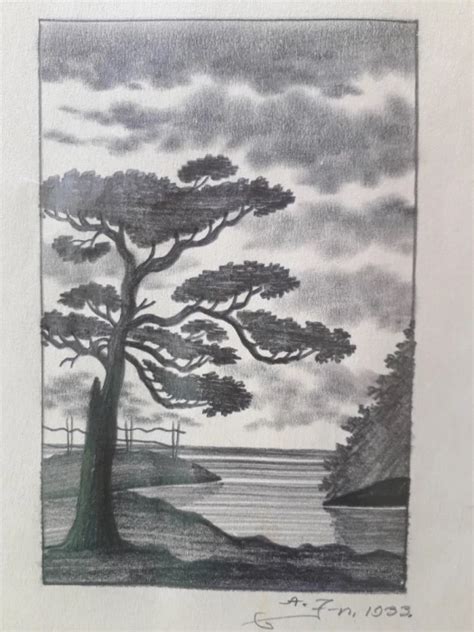 Desen în Creion Peisaj Din Anul 1933 Peisaje Carbune Realism
