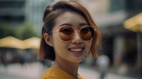 Woman In Yellow Sunglasses Smiling In Front Of Street Background A Young Woman Wearing