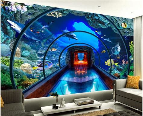 3d Underwater World Aquarium Tunnel Wallpaper Marine Life