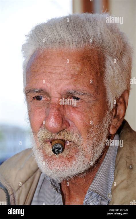 Old Man Enjoying Cuban Cigar Man Smokes Cigar La Habana Capital City