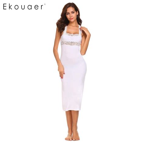Ekouaer Sexy Nightgown Lingerie Sleep Dress Women Casual Solid Backless Square Neck Lace