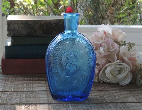 Vintage Wheaton Glass Benjamin Franklin Large Blue Bottle Etsy