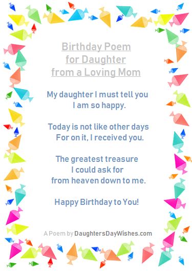 Here are some beautiful original texts, poems, and short texts / facebook status messages for daughter's bday. Daughter's Birthday Poems from Mom | DaughtersDayWishes.com