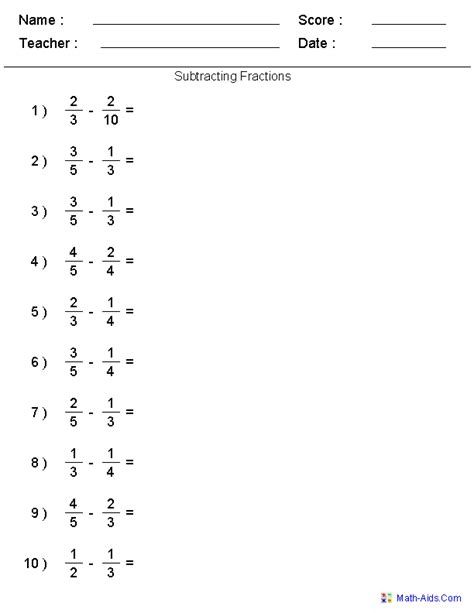 Subtracting Fractions With Borrowing Worksheets