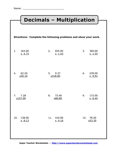 Multiply Decimals Worksheet Grade 5