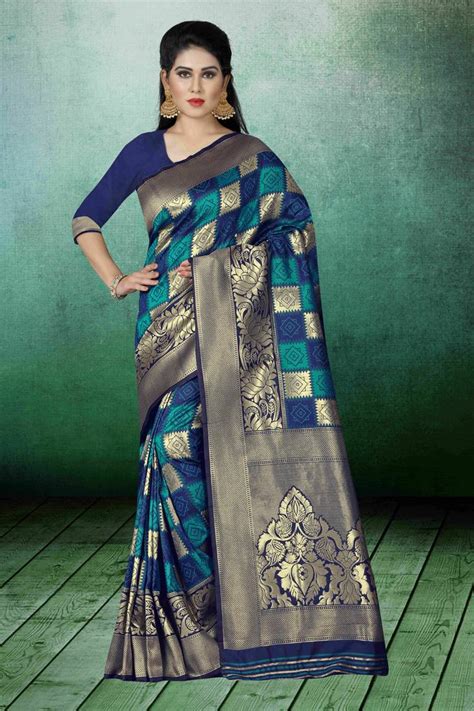 blue woven kanchipuram silk saree with blouse sharaa ethnica 3072836