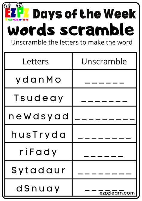 Word Scramble Days Of The Week Kids Activity