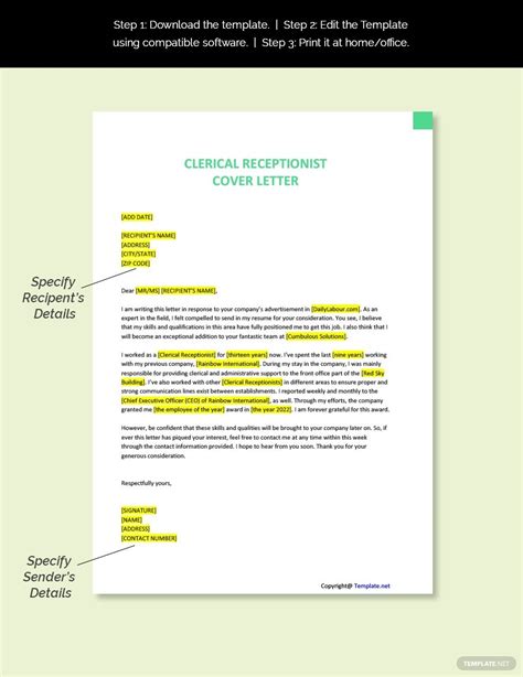A medical receptionist cover letter strikingly highlights the skills, experience, and qualifications provided in your resume. FREE Simple Clerical Receptionist Cover Letter Template ...