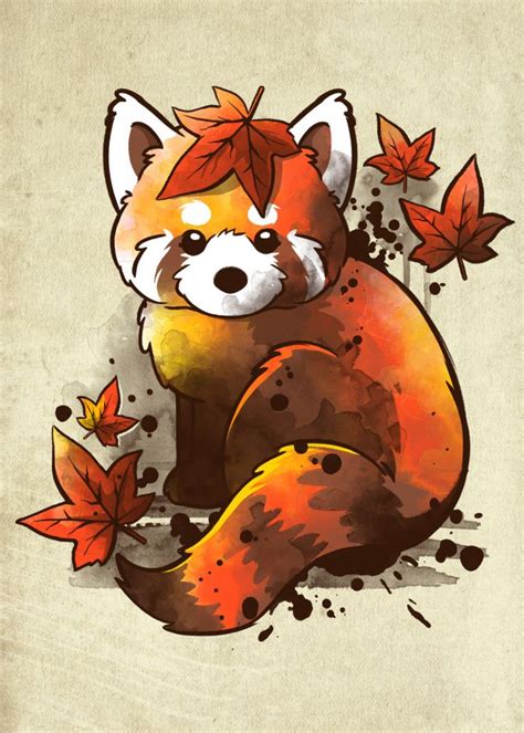 Red Panda Red Leaves Poster By Nemimakeit Fadda Displate Panda