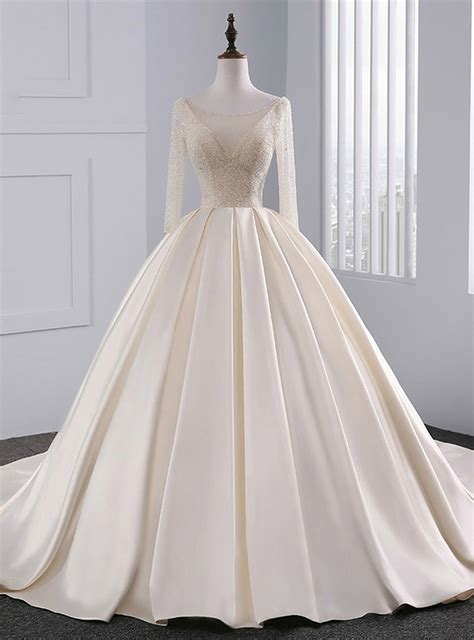 champagne long sleeve backless satin beading wedding dress beige wedding dress wedding dresses