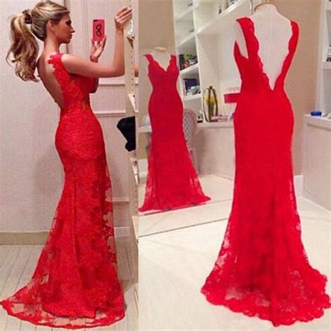 Sexy Backless Floor Length Red Lace Party Dress