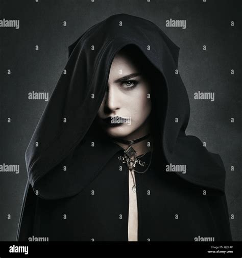 Beautiful Vampire Woman With Black Cloak Halloween And Horror Stock