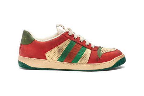 Guccis Latest Pre Distressed Sneaker Comes In Its Classic Red And Green