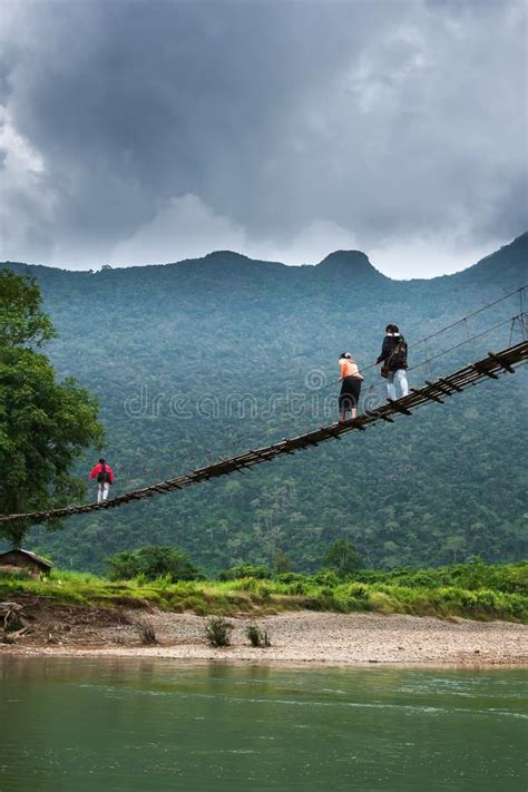 Simple Suspension Footbridge Over Mountain Valley Stock Photo Image