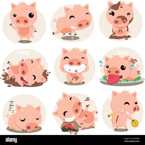 Cute Pig Cartoon Inaction Set With Pigs In Different Situations Like