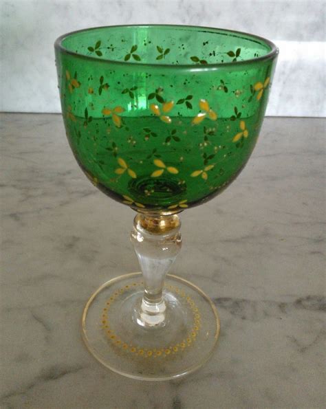 Antique Moser Czech Bohemian Hand Blown Enameled Flowers Art Glass Wine Goblet Wine Glass