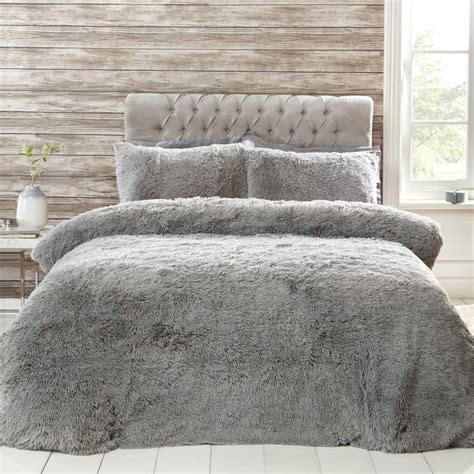 Hudson Shaggy Faux Fur Double Duvet Set Grey Cheap Bedding Bandm