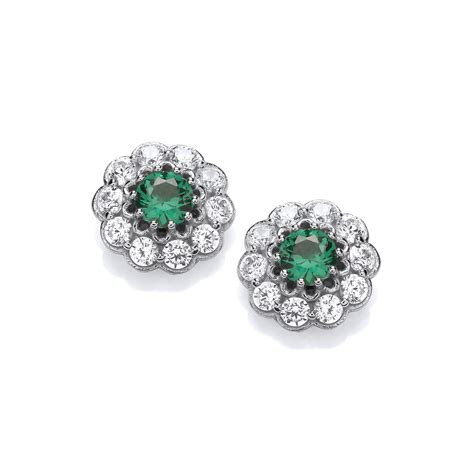 Silver And Emerald Cubic Zirconia Flower Earrings Cavendish French
