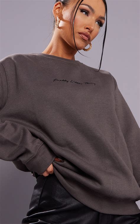 plt charcoal grey embroidered sweatshirt tops prettylittlething qa