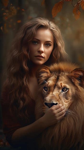 Premium Ai Image A Woman With Long Hair Holding A Lion And A Lion