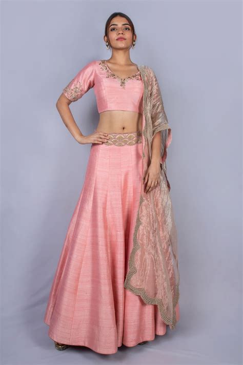 Buy Ekru Pink Embroidered Raw Silk Lehenga Set Online Aza Fashions