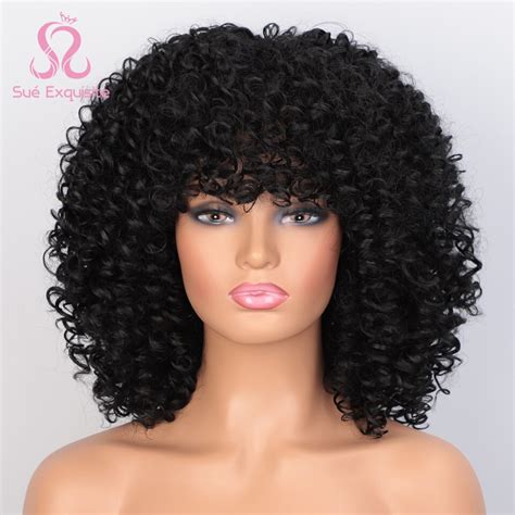 sue exquisite synthetic afro kinky curly wig with bangs for black women short glueless cosplay