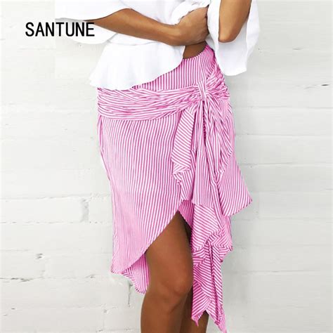 Santune Fashion Striped Straps Bow Asymmetrical Summer Skirt 2017 Women