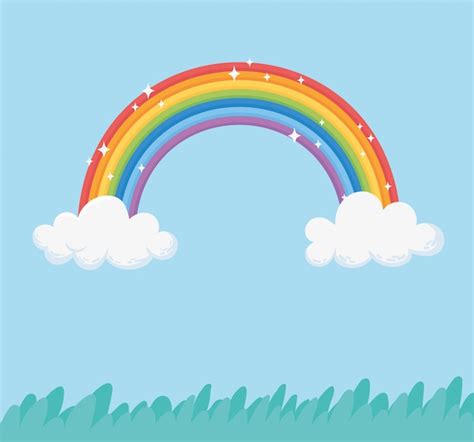 Premium Vector Sky Rainbow Clouds Bright Fantasy Grass Nature Cartoon