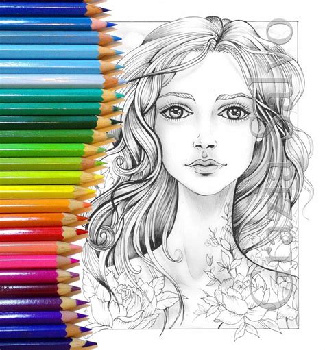 Woman Of Flowers 4 New Printable Colouring Page Girl And Etsy