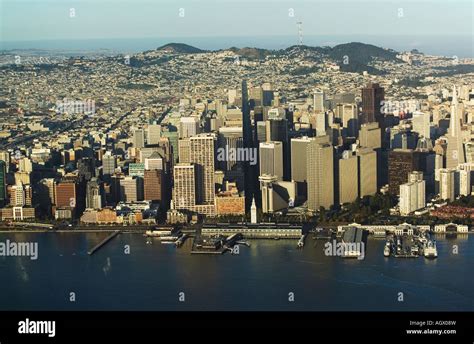 Aerial Above Embarcadero Waterfront San Francisco From The Bay With