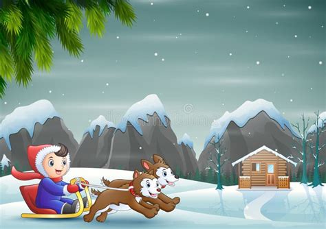 Cartoon Boy Riding Sled On The Downhill Pulled By Two Dogs Stock Vector