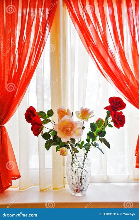 Bouquet Of Roses On Window Sill Stock Photo Image Of White