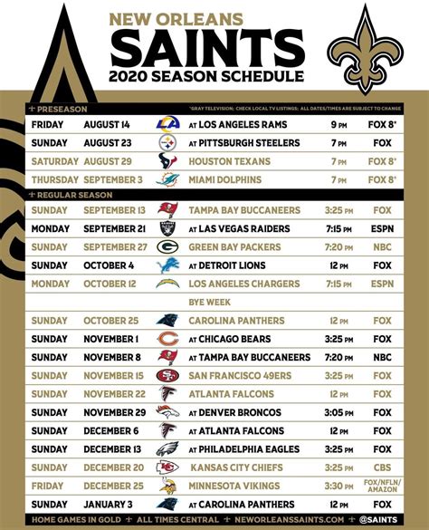 New Orleans Saints Updated Saints Schedule With Preseason Times