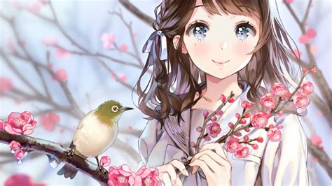 Desktop Wallpaper Birds Cherry Blossom Anime Girl Cute Hd Image