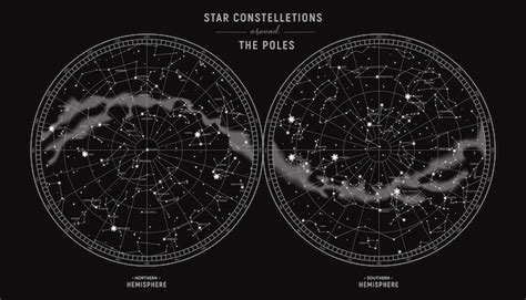 Constelações De Estrelas Ao Redor Dos Pólos Norte E Sul Do Mapa Estelar Detalhado Vetor Premium
